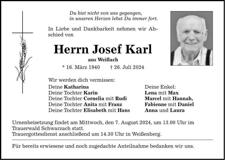 Traueranzeige Josef Karl
