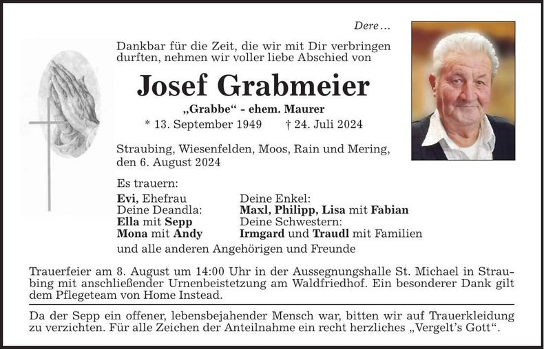 Traueranzeige Josef Grabmeier