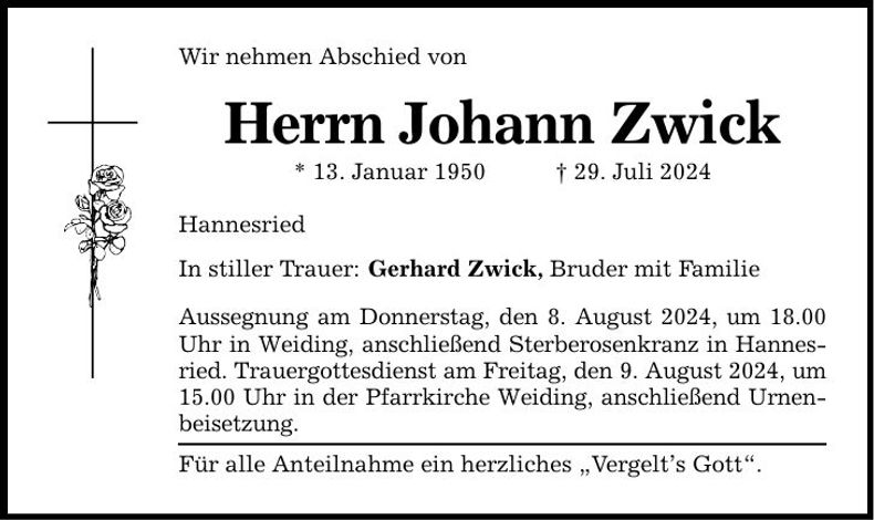 Traueranzeige Johann Zwick