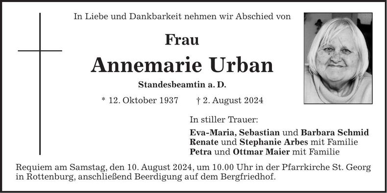 Traueranzeige Annemarie Urban