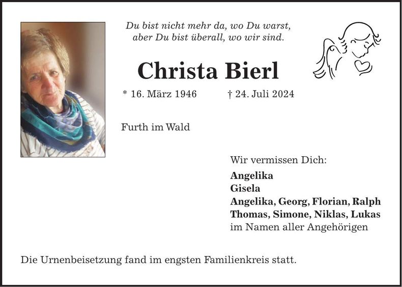 Traueranzeige Christa Bierl