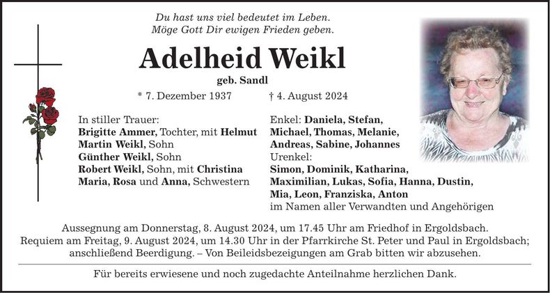 Traueranzeige Adelheid Weikl