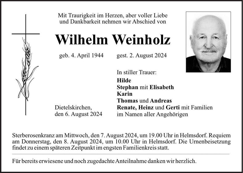 Traueranzeige Wilhelm Weinholz