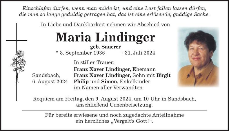 Traueranzeige Maria Lindinger