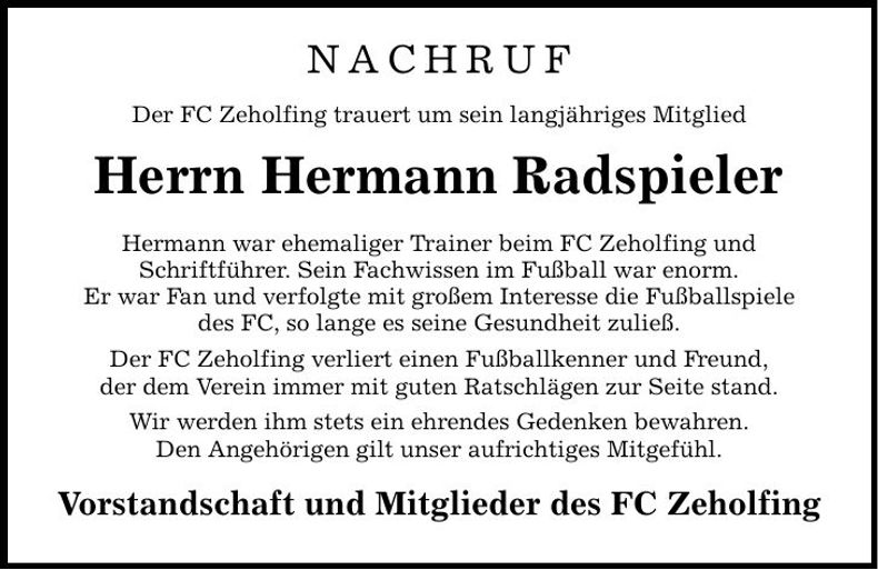 Traueranzeige Hermann Radspieler