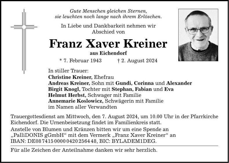 Traueranzeige Franz Xaver Kreiner