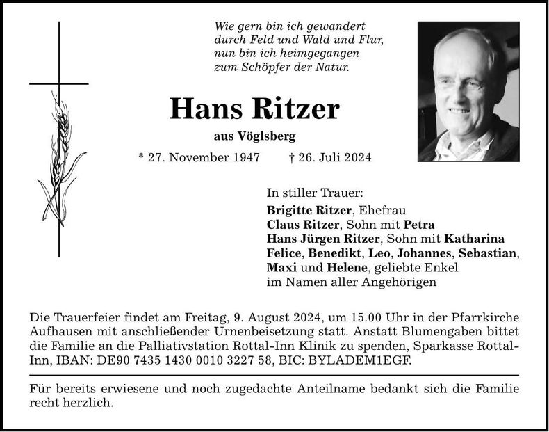 Traueranzeige Hans Ritzer