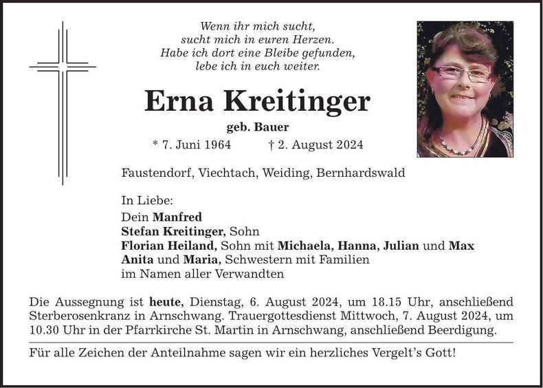 Traueranzeige Erna Kreitinger