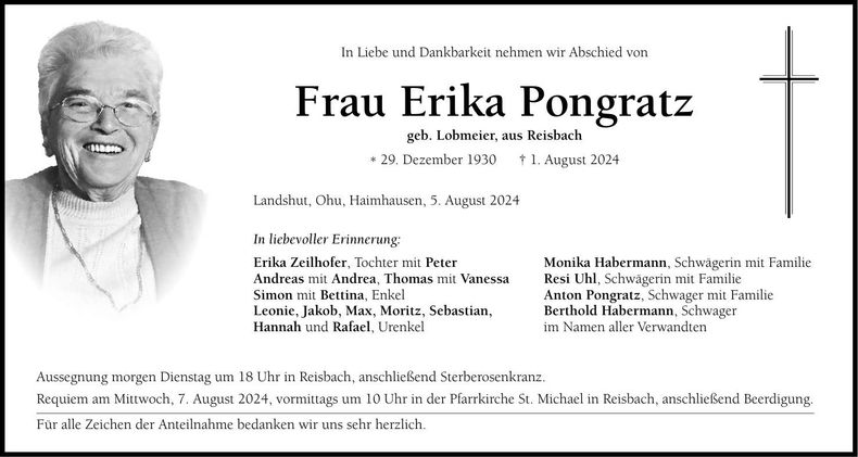 Traueranzeige Erika Pongratz