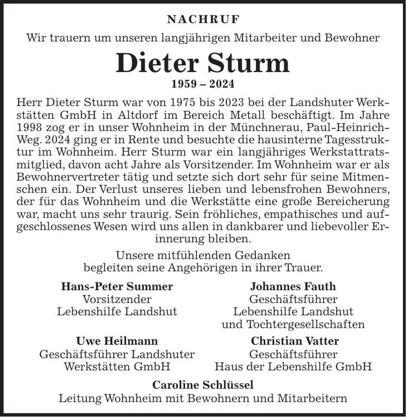 Traueranzeige Dieter Sturm