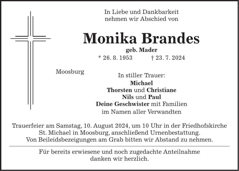 Traueranzeige Monika Brandes