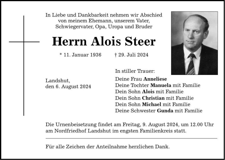 Traueranzeige Alois Steer