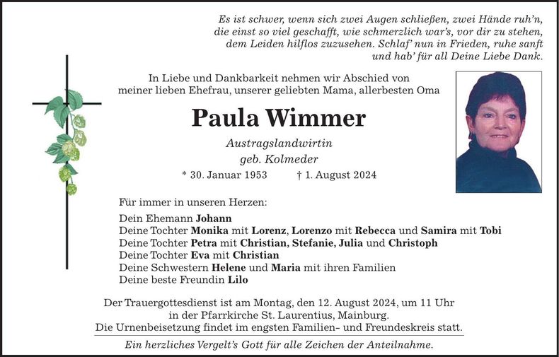 Traueranzeige Paula Wimmer