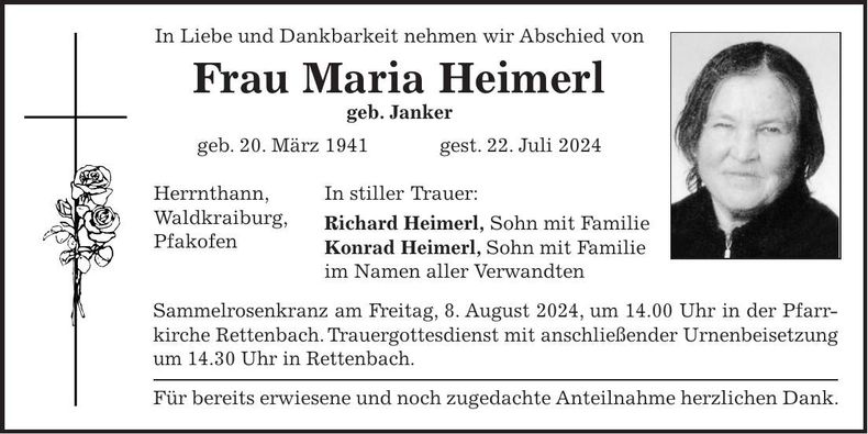 Traueranzeige Maria Heimerl