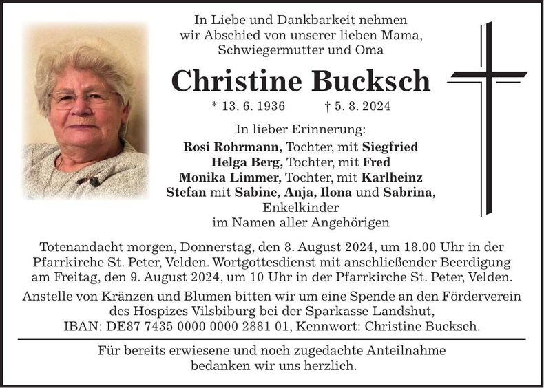 Traueranzeige Christine Bucksch