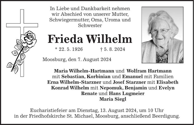 Traueranzeige Frieda Wilhelm
