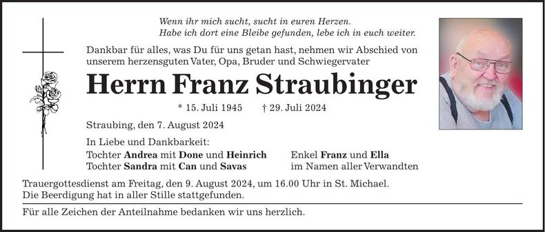 Traueranzeige Franz Straubinger