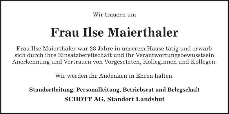 Traueranzeige Ilse Maierthaler