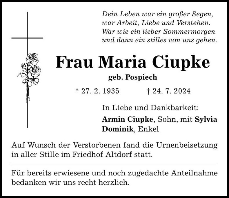 Traueranzeige Maria Ciupke