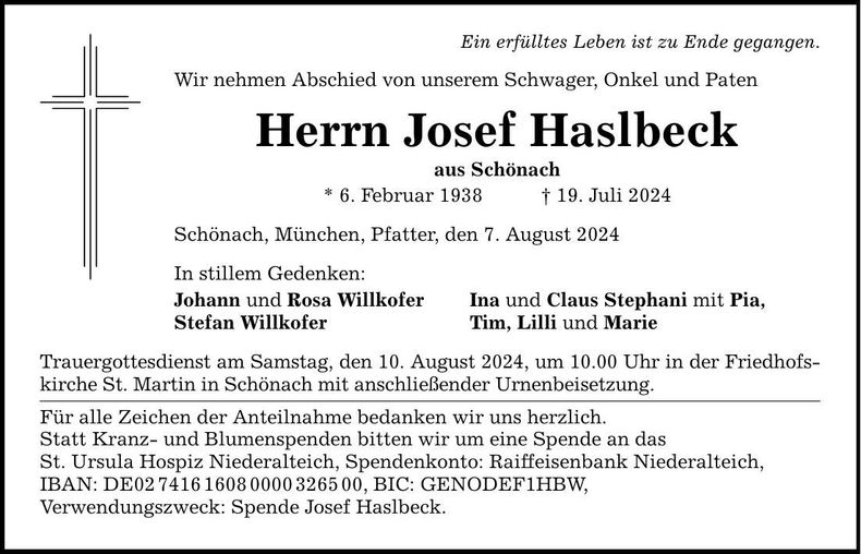 Traueranzeige Josef Haslbeck