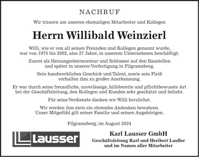 Traueranzeige Willibald Weinzierl