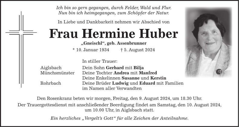 Traueranzeige Hermine Huber