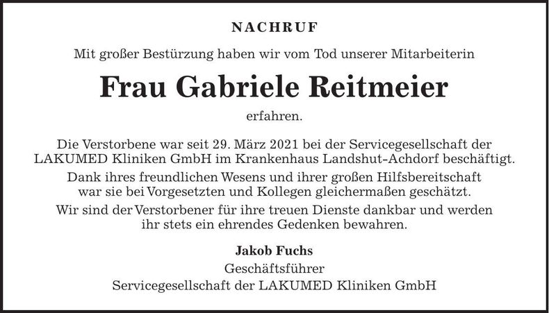 Traueranzeige Gabriele Reitmeier