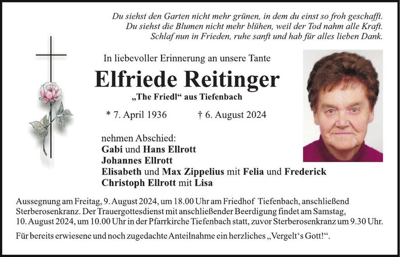 Traueranzeige Elfriede Reitinger