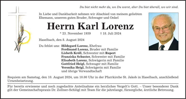 Traueranzeige Karl Lorenz