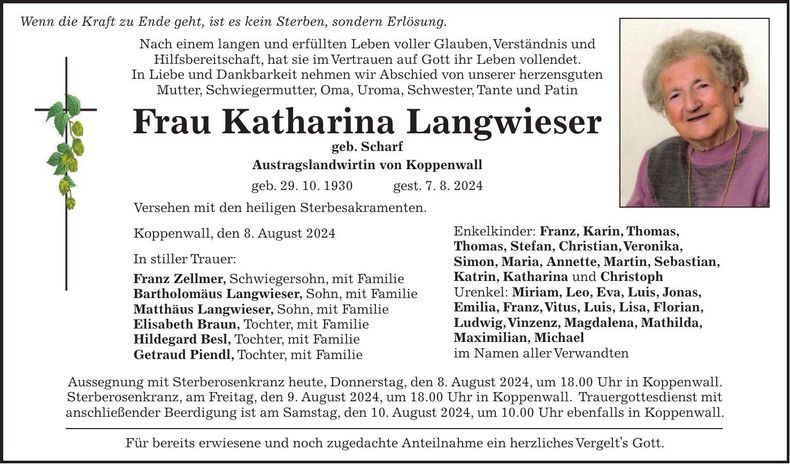 Traueranzeige Katharina Langwieser