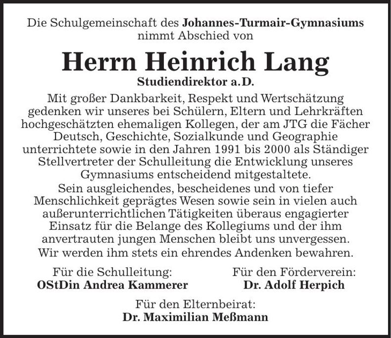Traueranzeige Hans Lang