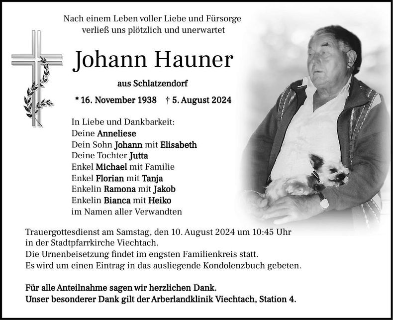 Traueranzeige Johann Hauner