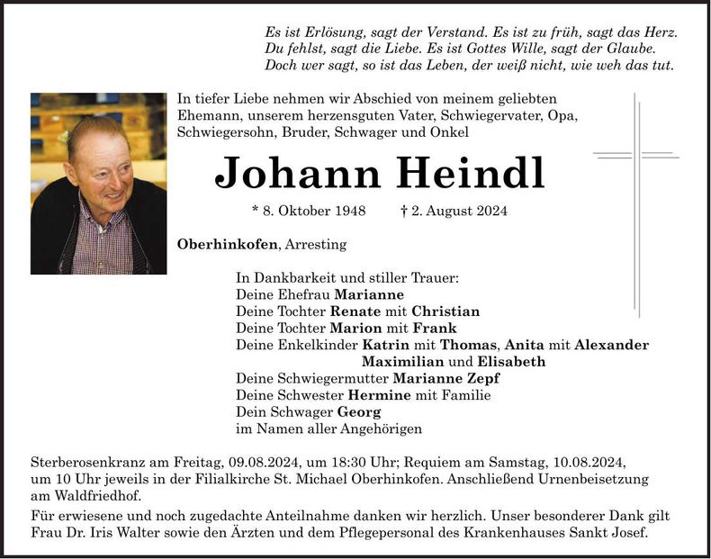 Traueranzeige Johann Heindl