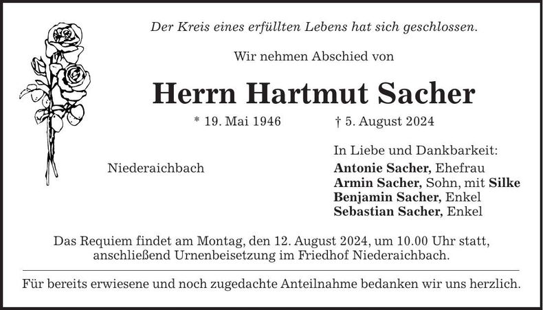 Traueranzeige Hartmut Sacher