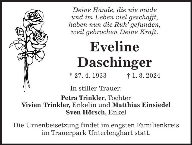 Traueranzeige Eveline Daschinger