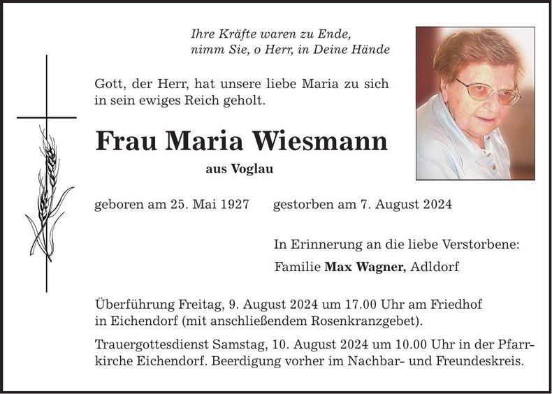 Traueranzeige Maria Wiesmann