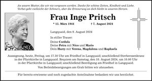 Traueranzeige Inge Pritsch