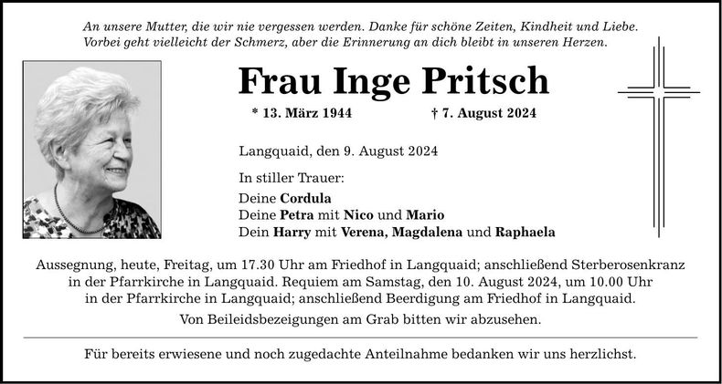 Traueranzeige Inge Pritsch