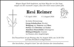 Traueranzeige Resi Reimer