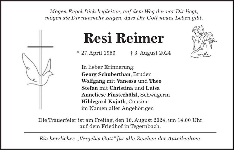 Traueranzeige Resi Reimer