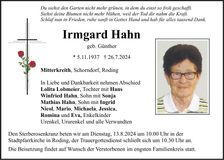 Traueranzeige Irmgard Hahn
