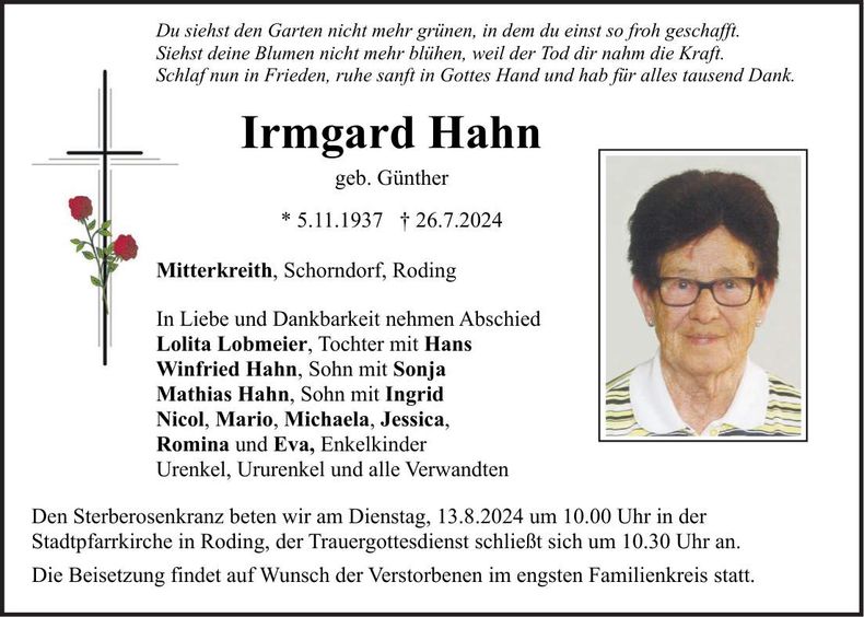 Traueranzeige Irmgard Hahn