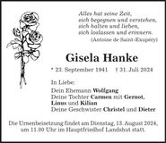 Traueranzeige Gisela Hanke