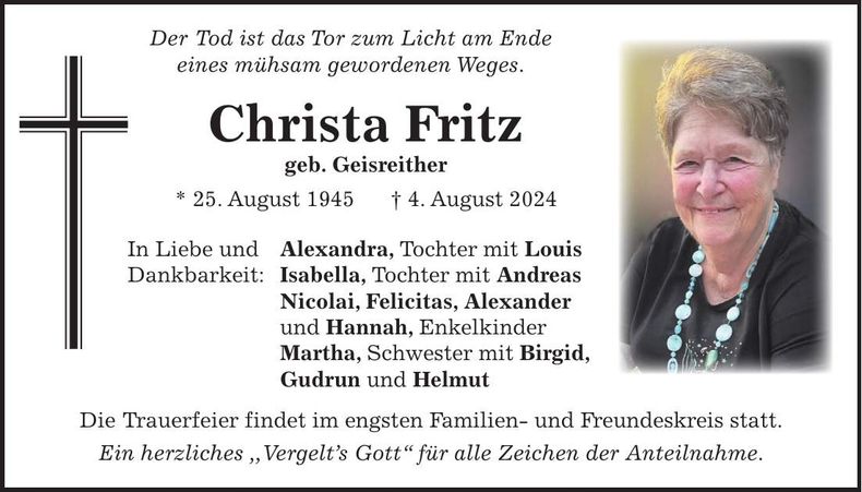 Traueranzeige Christa Fritz