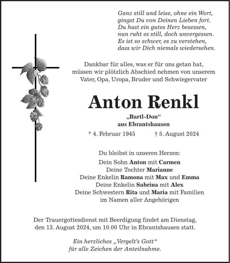 Traueranzeige Anton Renkl