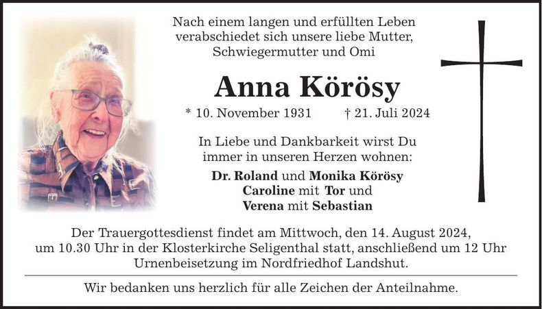 Traueranzeige Anna Körösy