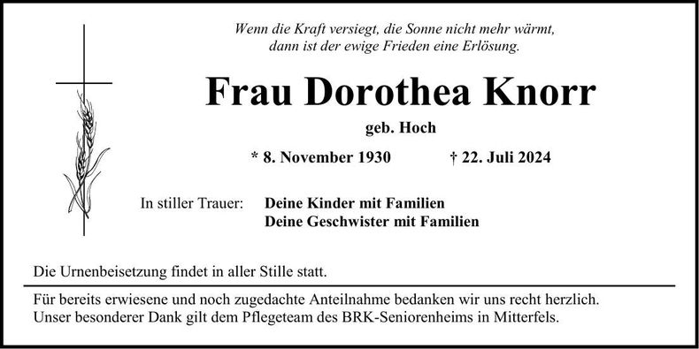 Traueranzeige Dorothea Knorr