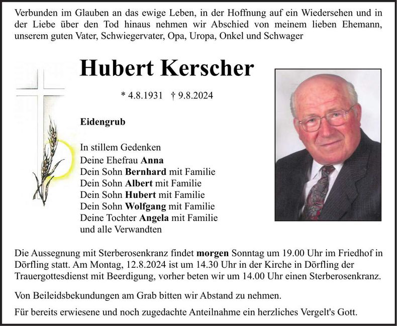 Traueranzeige Hubert Kerscher