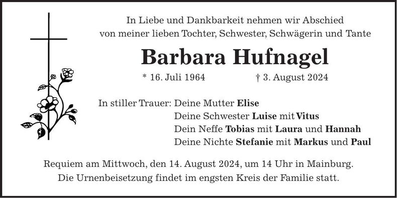 Traueranzeige Barbara Hufnagel