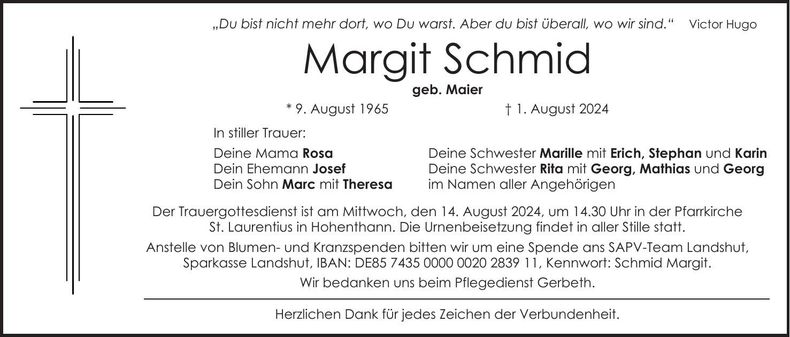 Traueranzeige Margit Schmid